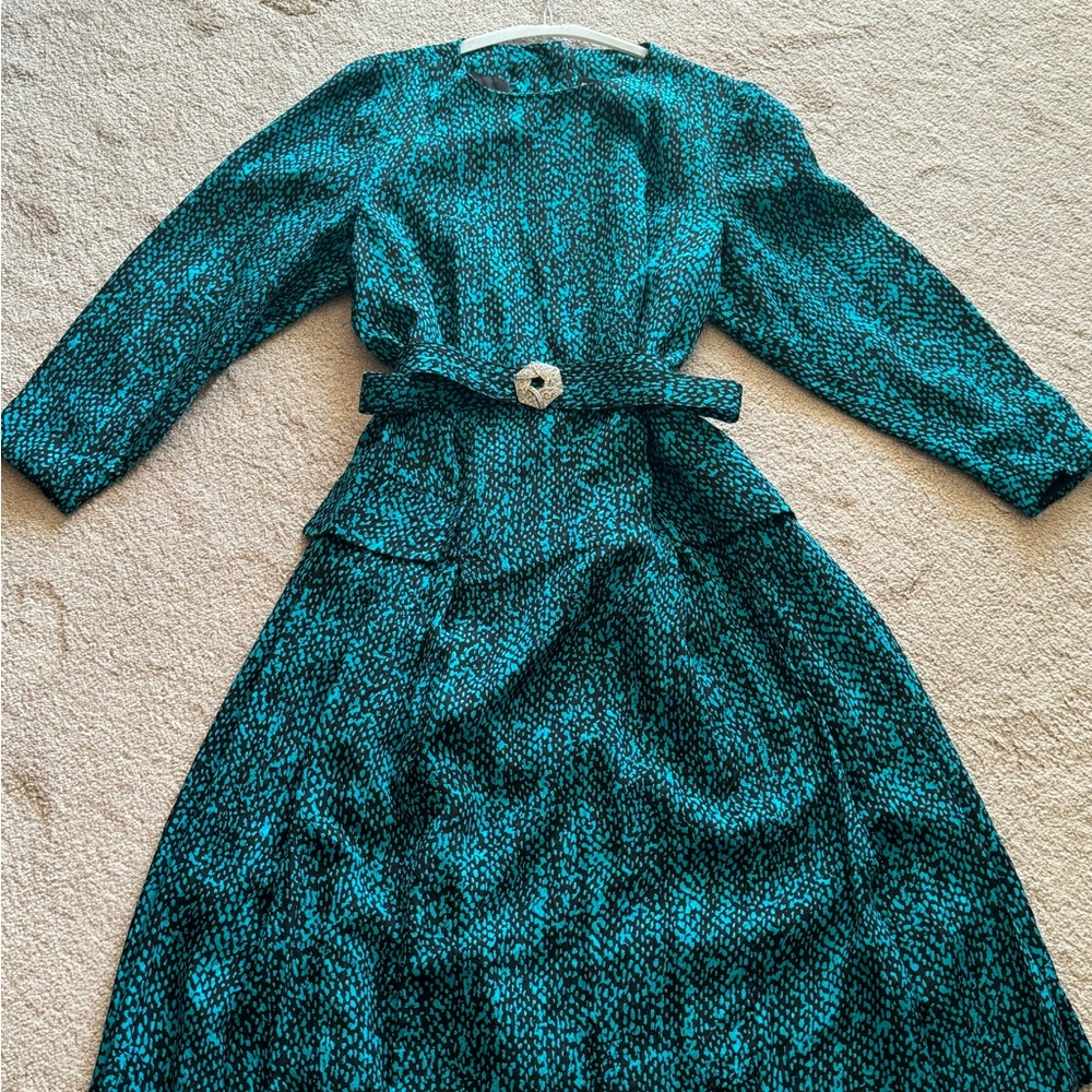 Green and Blue Long Sleeve Bishop Sleeve Dress